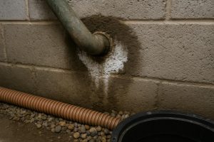 Damp concrete ring and efflorescence around a basement wall pipe penetration