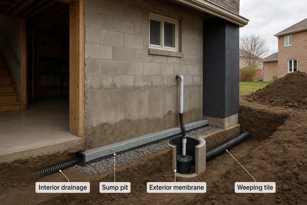 Diagram of basement waterproofing system showing drainage membrane and sump pump