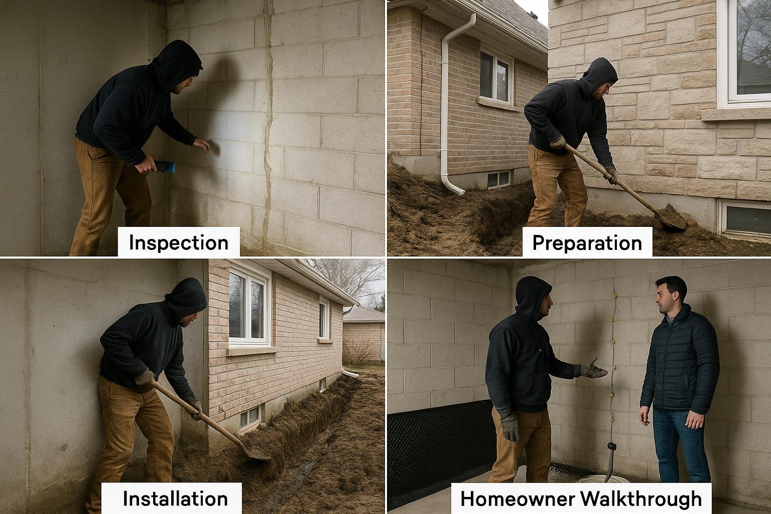 Professional basement waterproofing process steps from inspection to completion