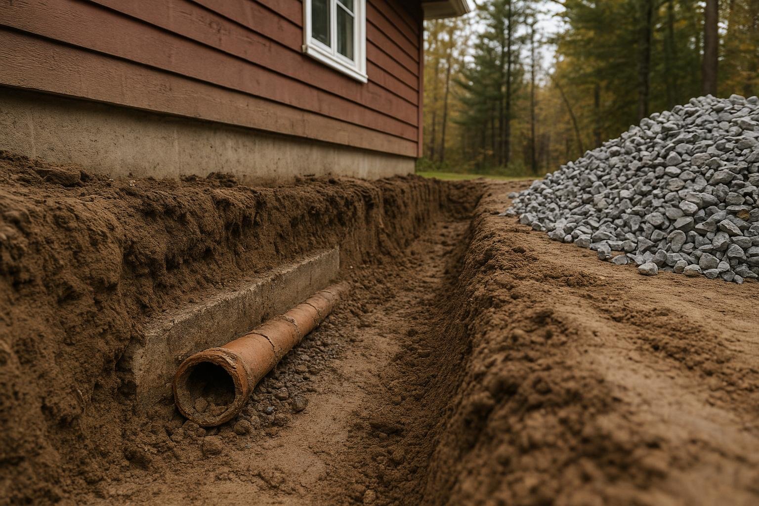 Open foundation excavation showing failed clay weeping tile at footing level beside a Tiny Township home