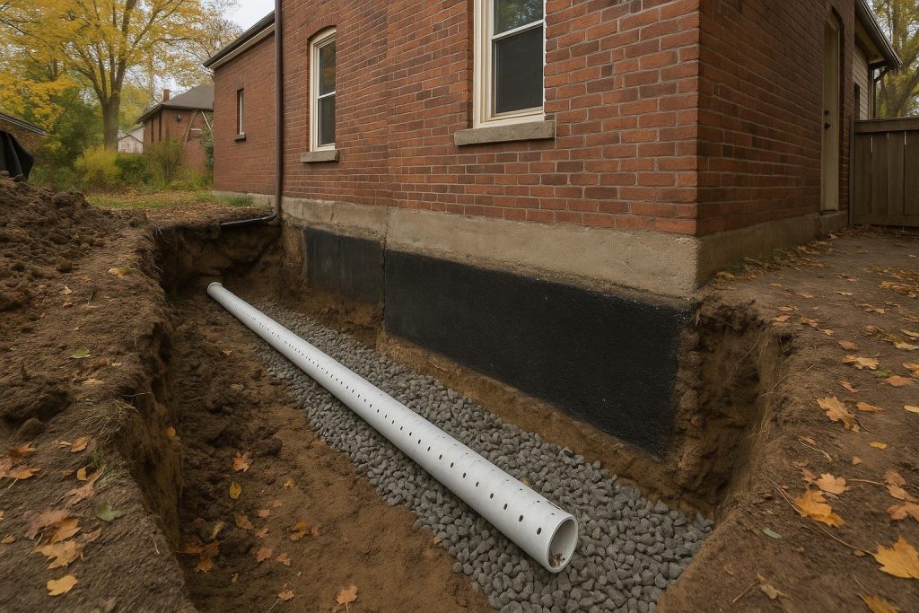 Exposed foundation footing with new perforated weeping tile pipe bedded in clear stone beside a Toronto home
