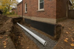 Exposed foundation footing with new perforated weeping tile pipe bedded in clear stone beside a Toronto home