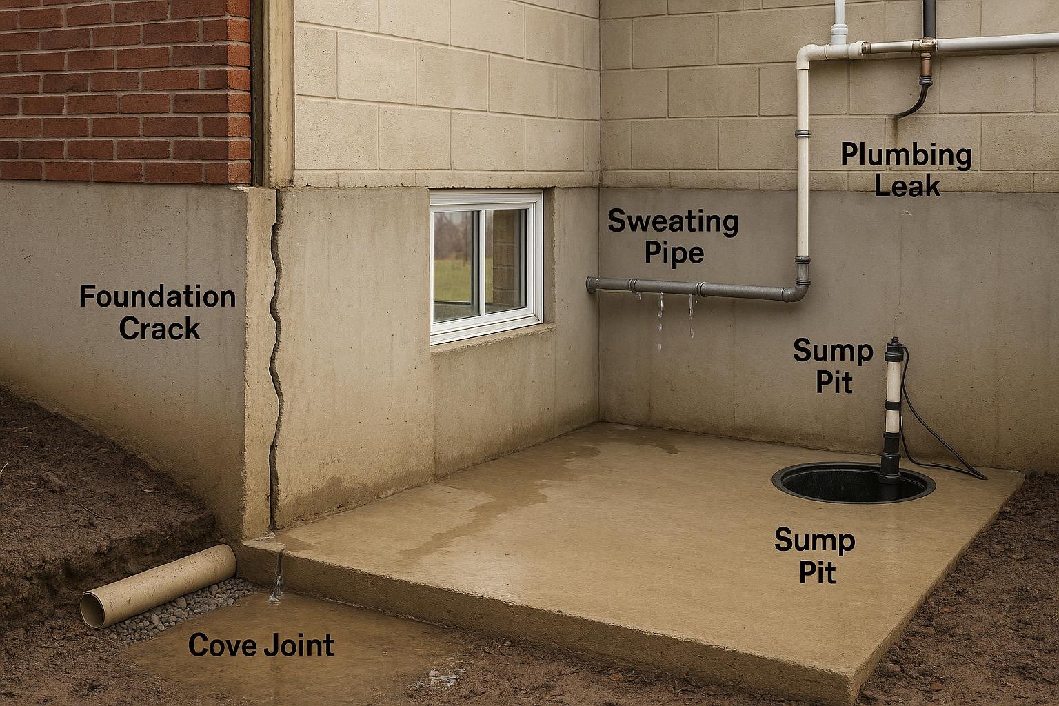 Diagram of six moisture entry points causing mold in a basement