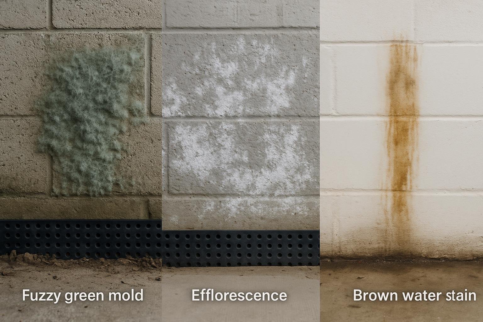 Close-up comparison of basement mold efflorescence and water stain on concrete
