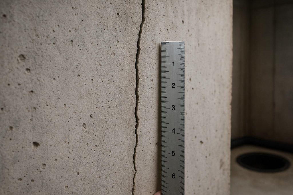 Vertical hairline crack in a poured-concrete basement wall with ruler