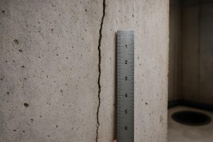 Vertical hairline crack in a poured-concrete basement wall with ruler