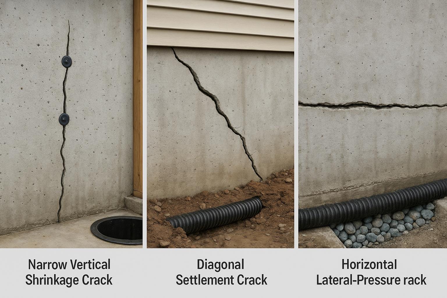 Diagram comparing vertical diagonal and horizontal basement wall crack types