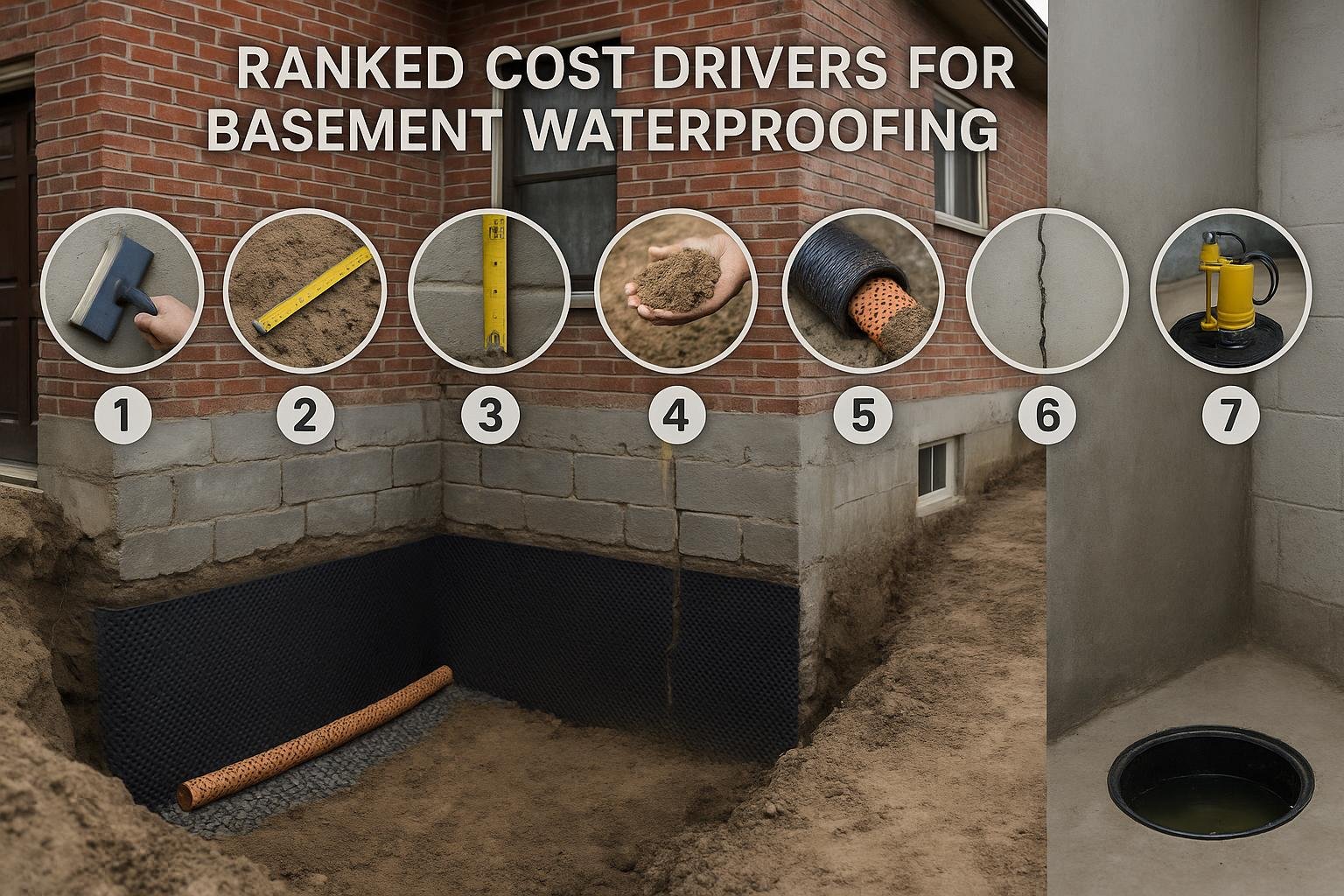 Ranked cost driver icons for basement waterproofing method footage depth soil cracks pump