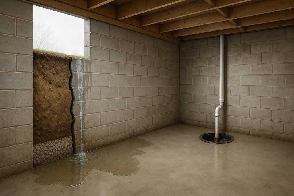 Hamilton basement foundation wall cross-section showing clay soil and water infiltration