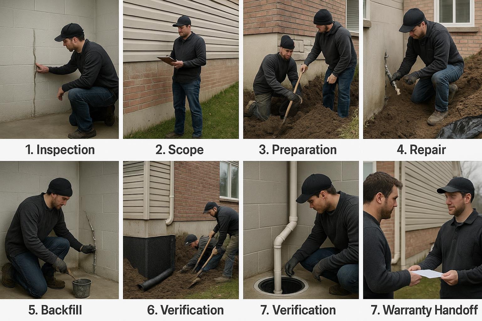 Seven-step professional basement waterproofing process diagram inspection to warranty