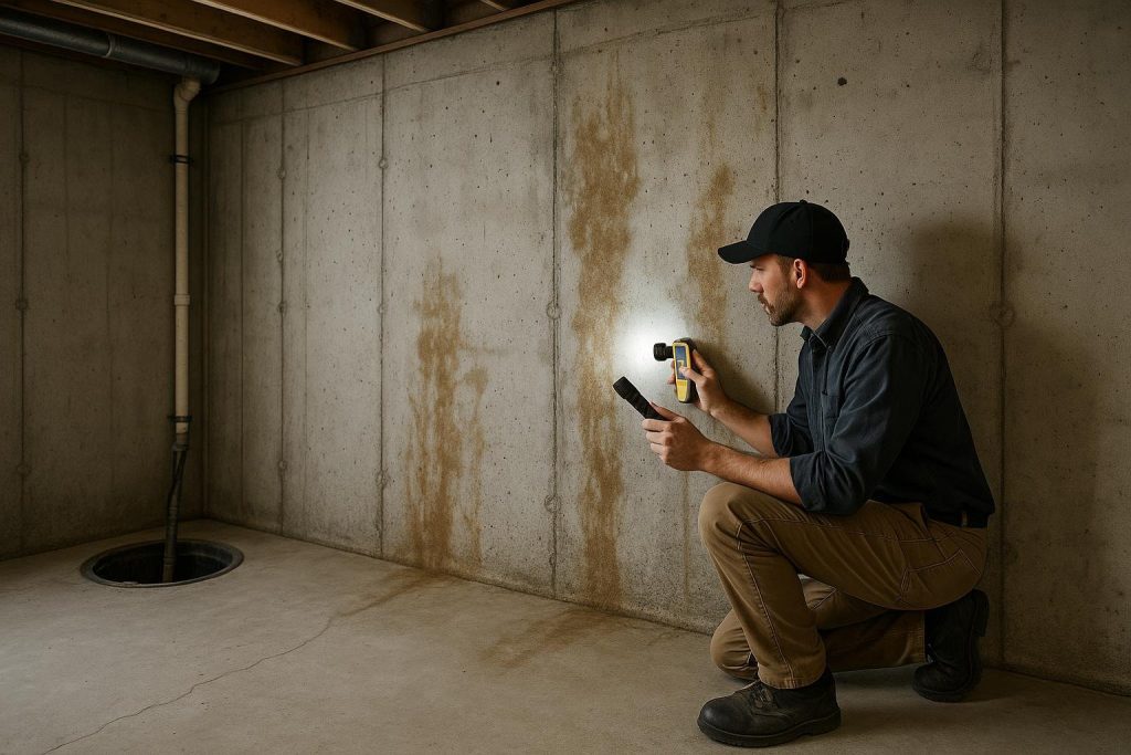 Home inspector checking basement wall moisture during a pre-purchase inspection
