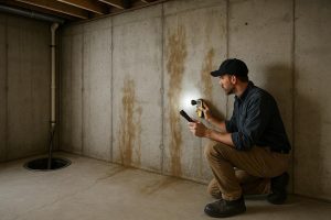 Home inspector checking basement wall moisture during a pre-purchase inspection