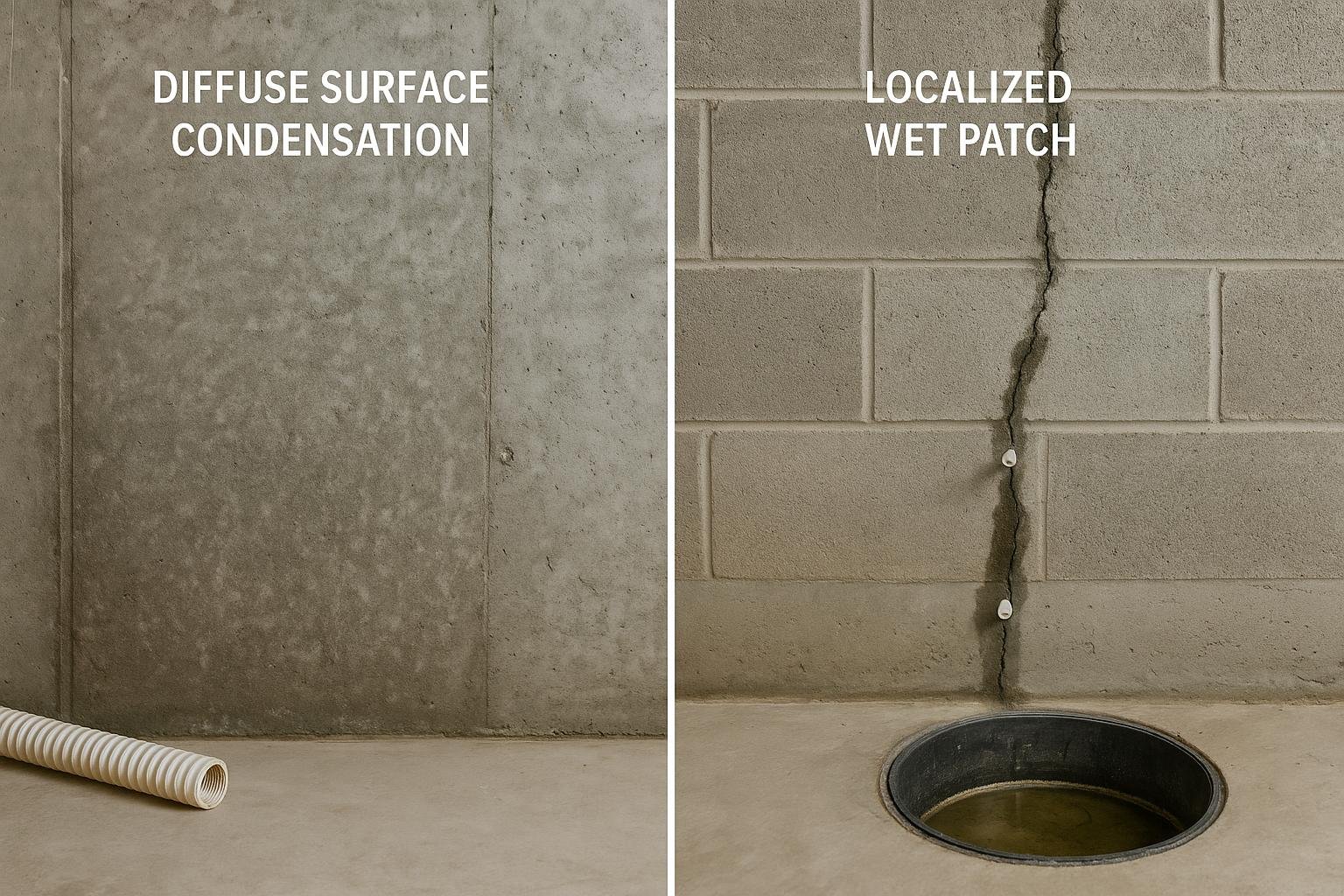 Side-by-side comparison of basement wall condensation versus active seepage crack