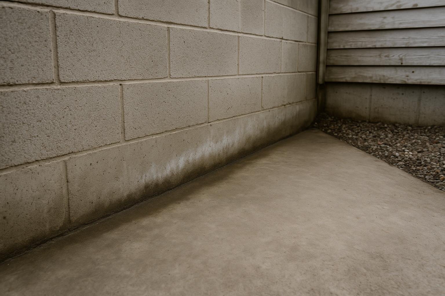 Damp streak and efflorescence along a basement floor-wall junction