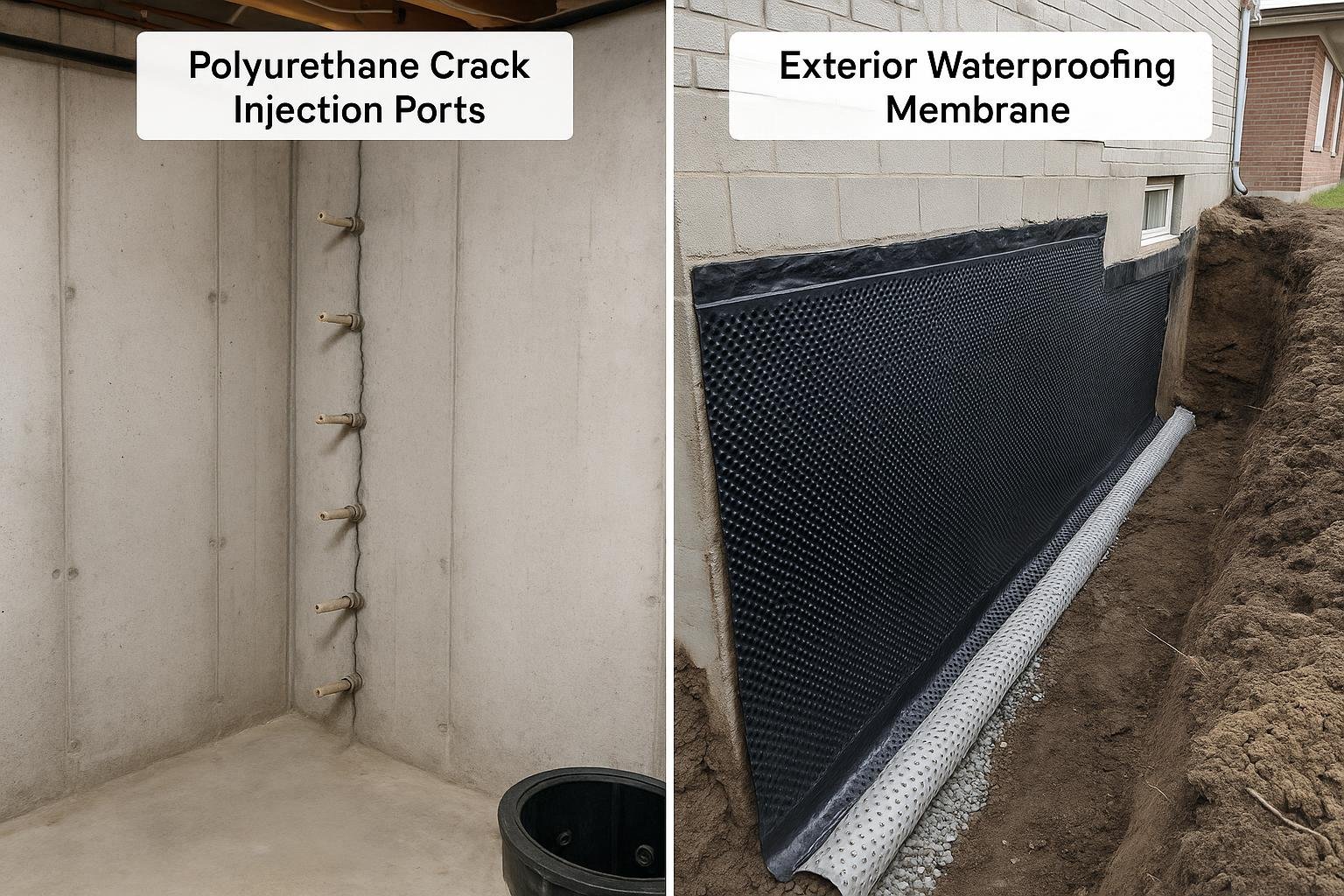 Diagram comparing crack injection ports and exterior waterproofing membrane on foundation