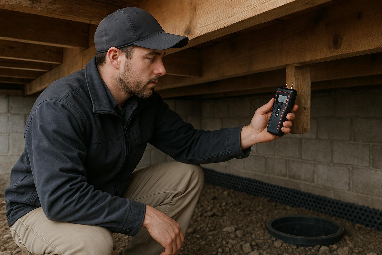 Technician using moisture meter on crawl space floor joist during inspection