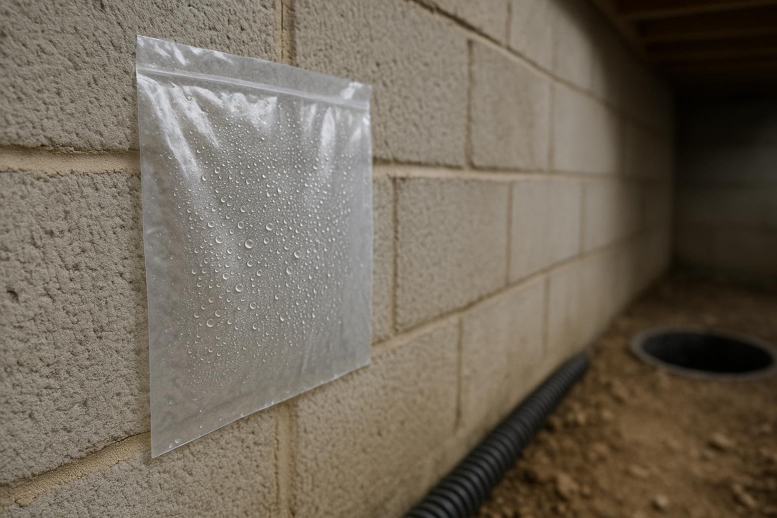 Plastic tape moisture test on a crawl space concrete foundation wall