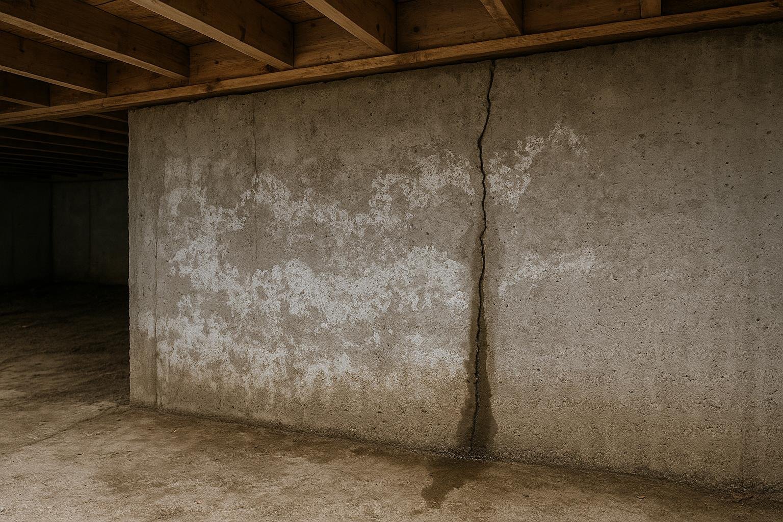 Efflorescence and vertical crack on a crawl space foundation wall
