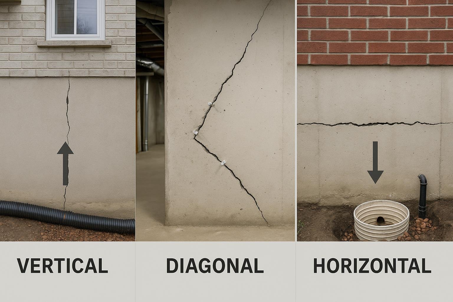 Diagram comparing vertical diagonal and horizontal foundation crack orientations