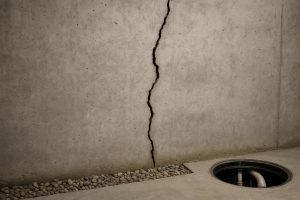 Vertical crack running down a poured concrete basement foundation wall
