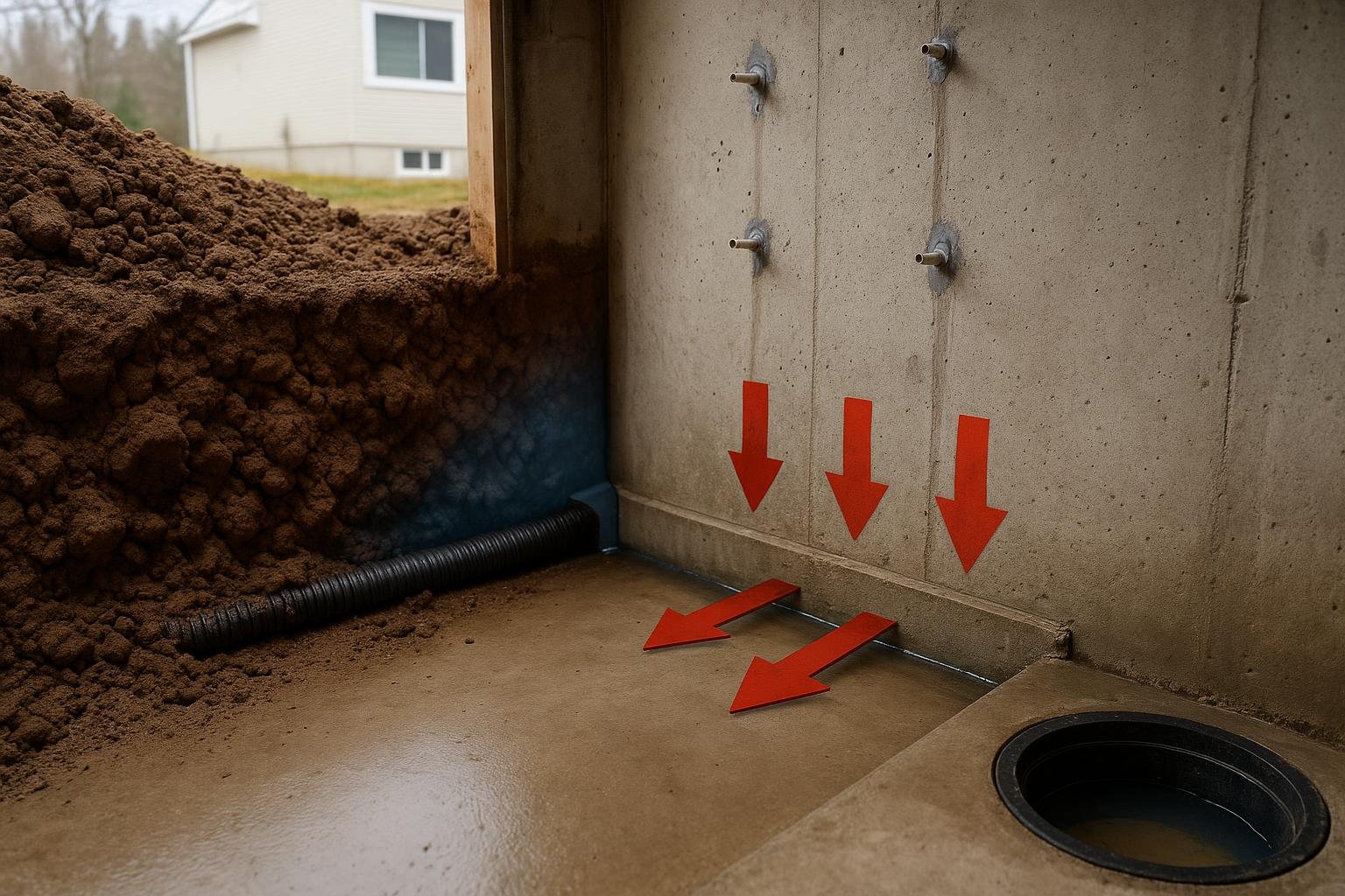 Saturated soil creating hydrostatic pressure against a basement foundation footing