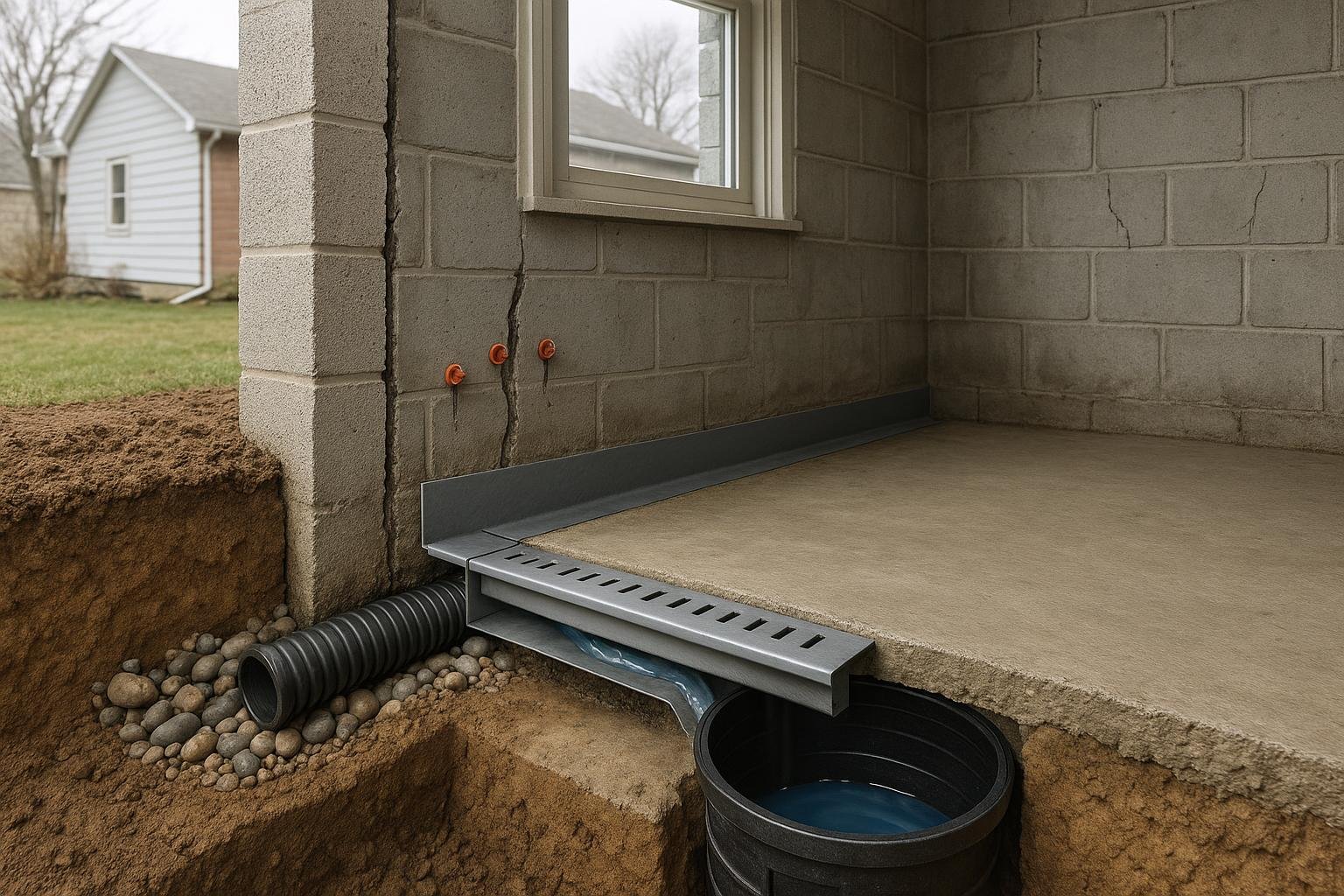 Interior perimeter drainage channel installed at basement footing beside floor-wall junction