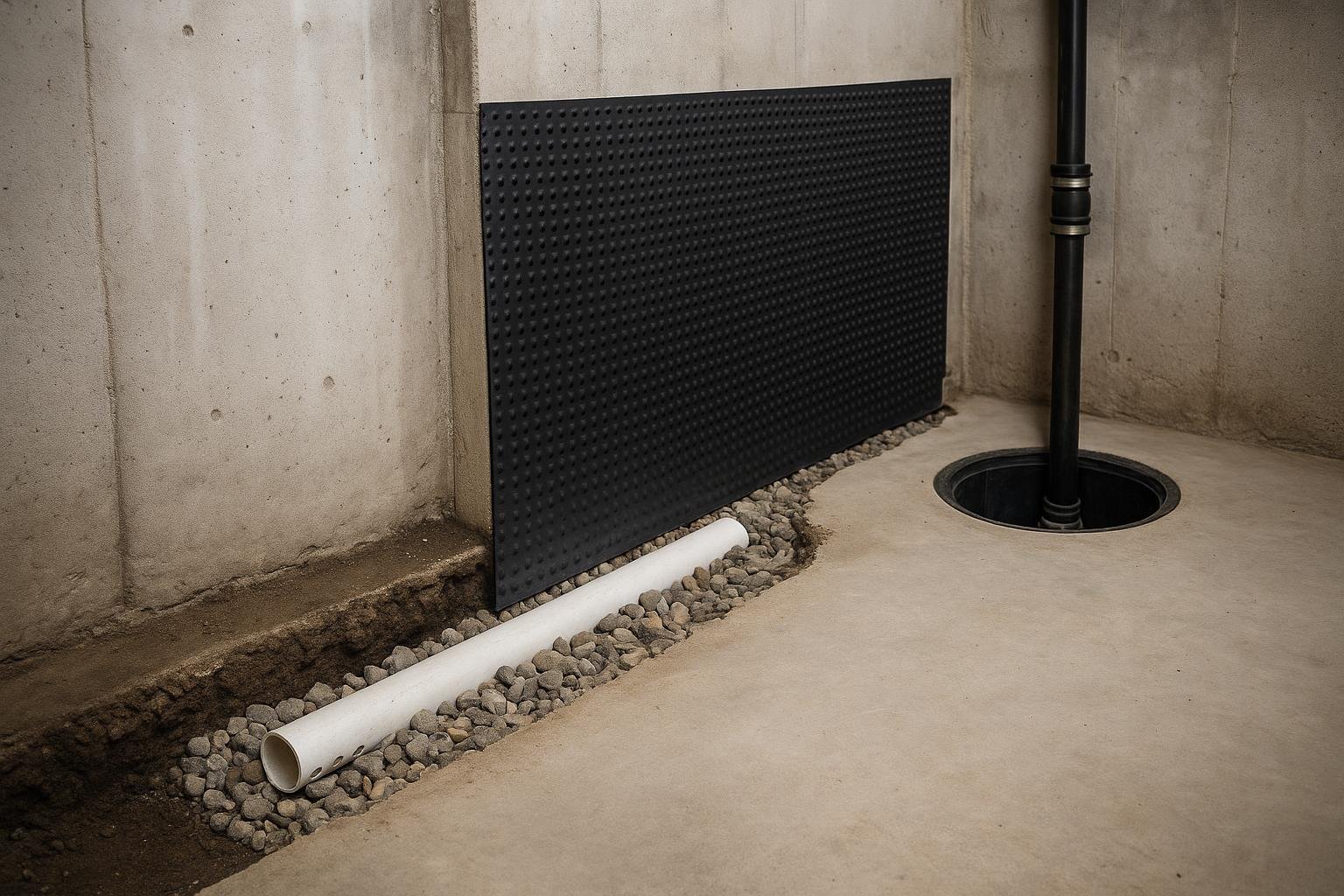 Interior drainage system cutaway showing perforated pipe gravel sump pit and wall membrane
