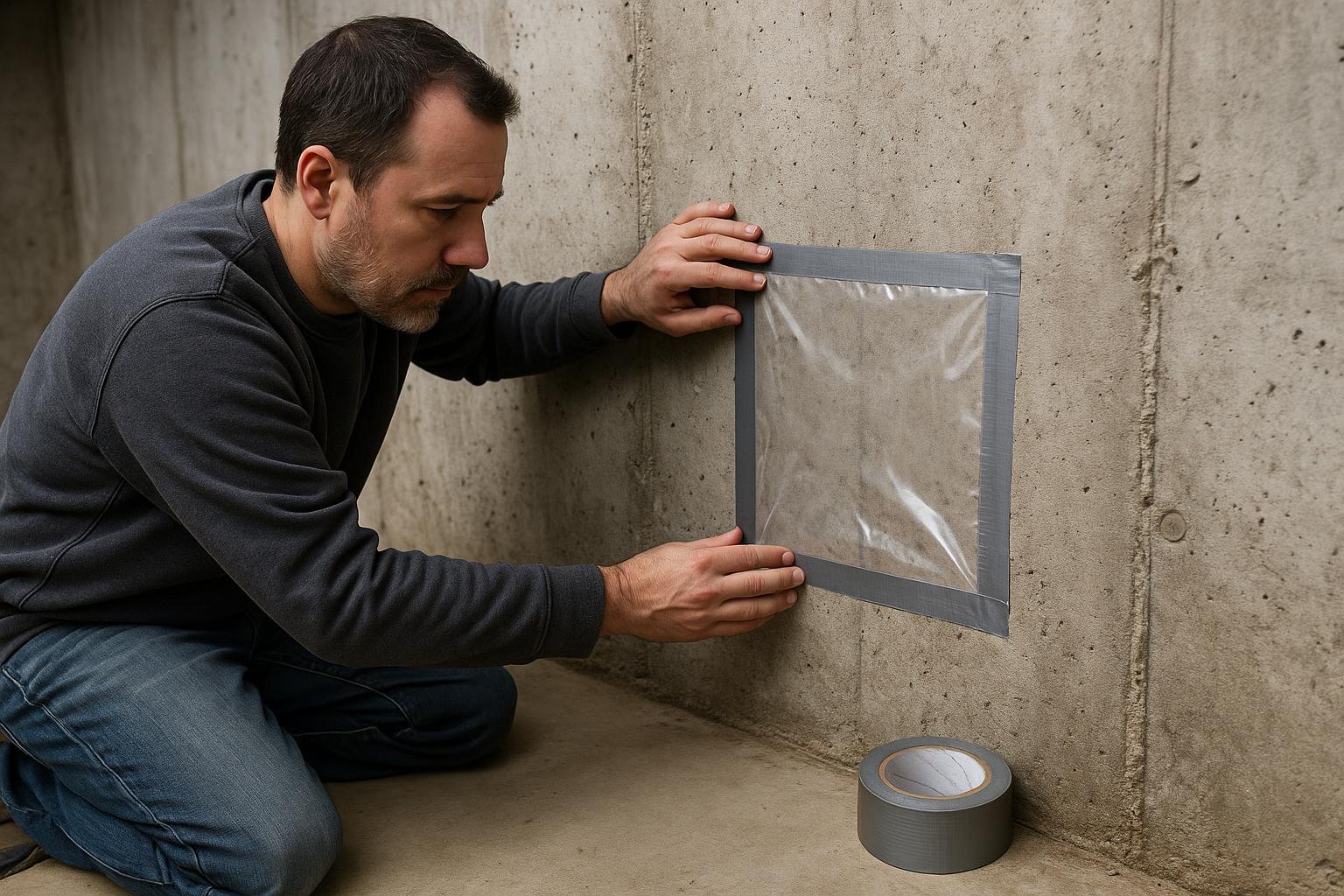 Homeowner taping plastic sheeting to a concrete basement wall for moisture test
