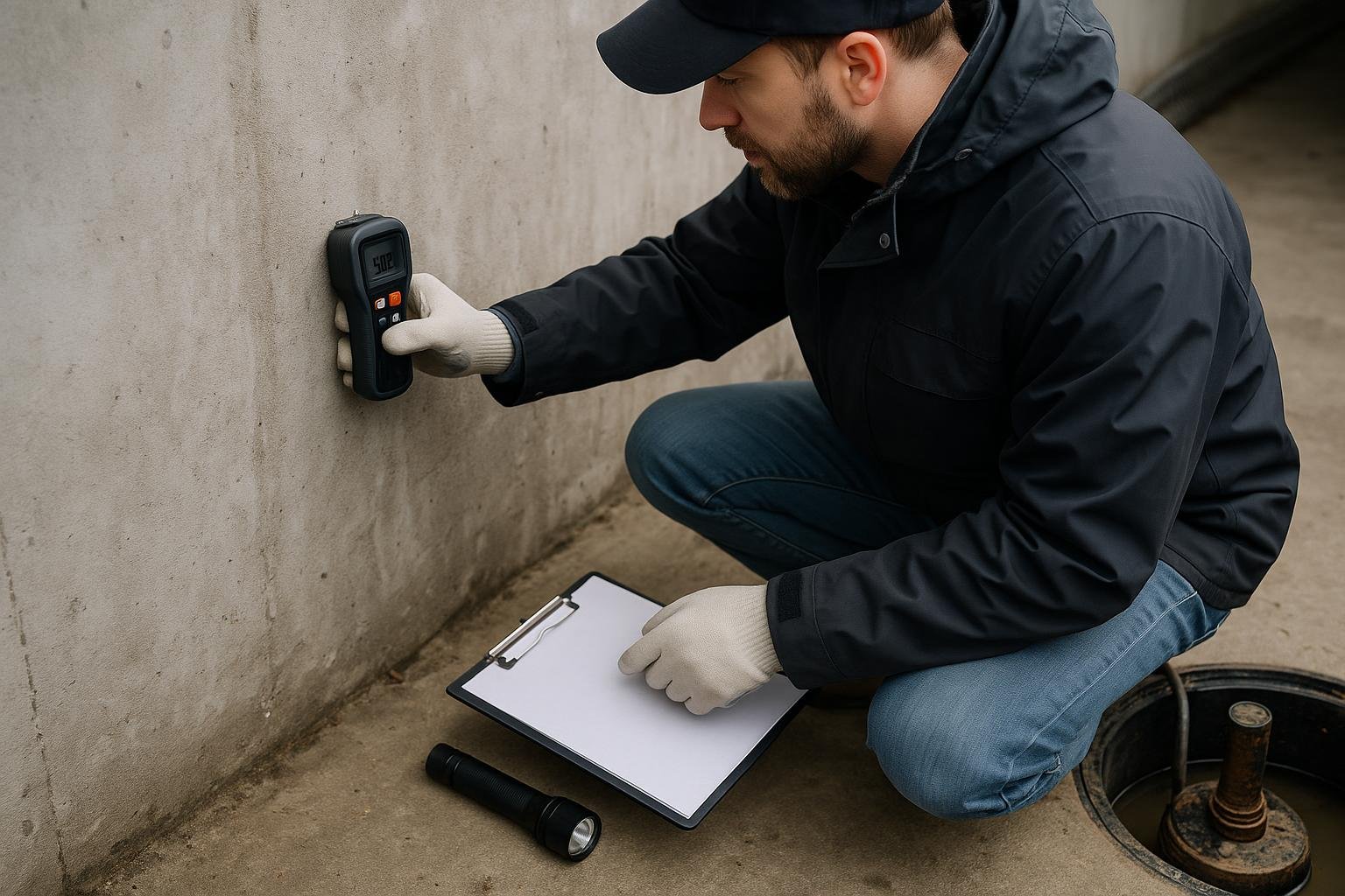 Waterproofing technician using moisture meter to diagnose damp basement wall