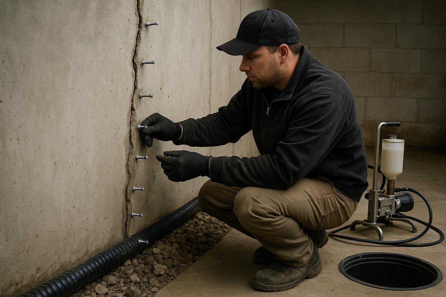 Technician installing polyurethane injection ports on a basement wall crack