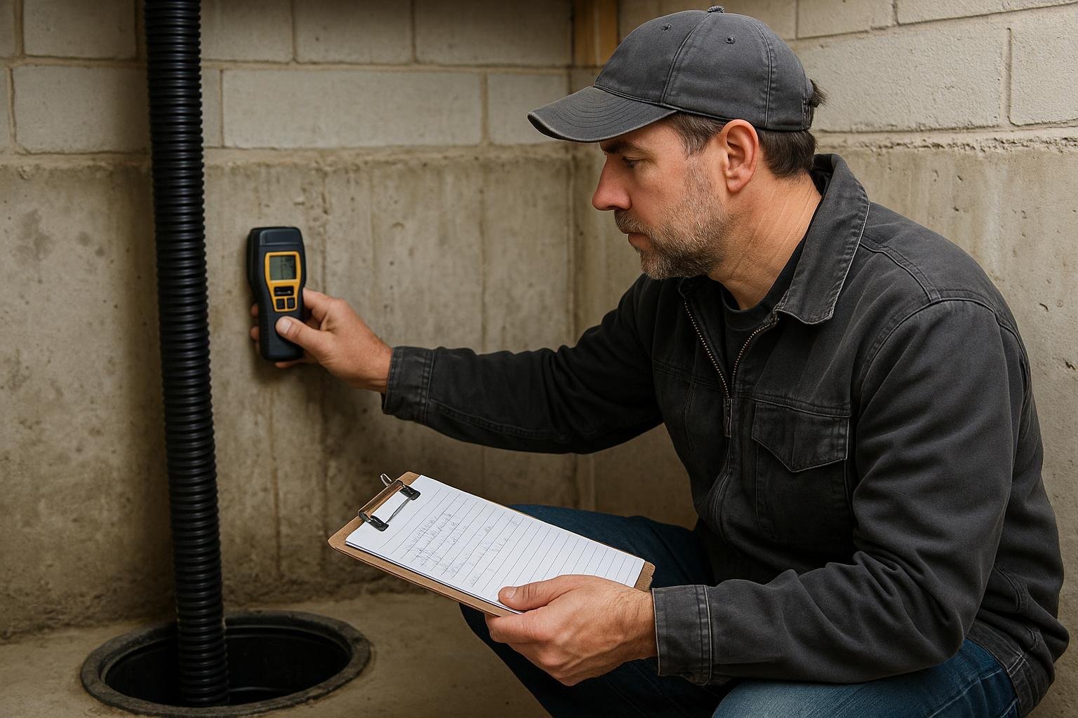 Waterproofing professional using moisture meter on basement wall during inspection