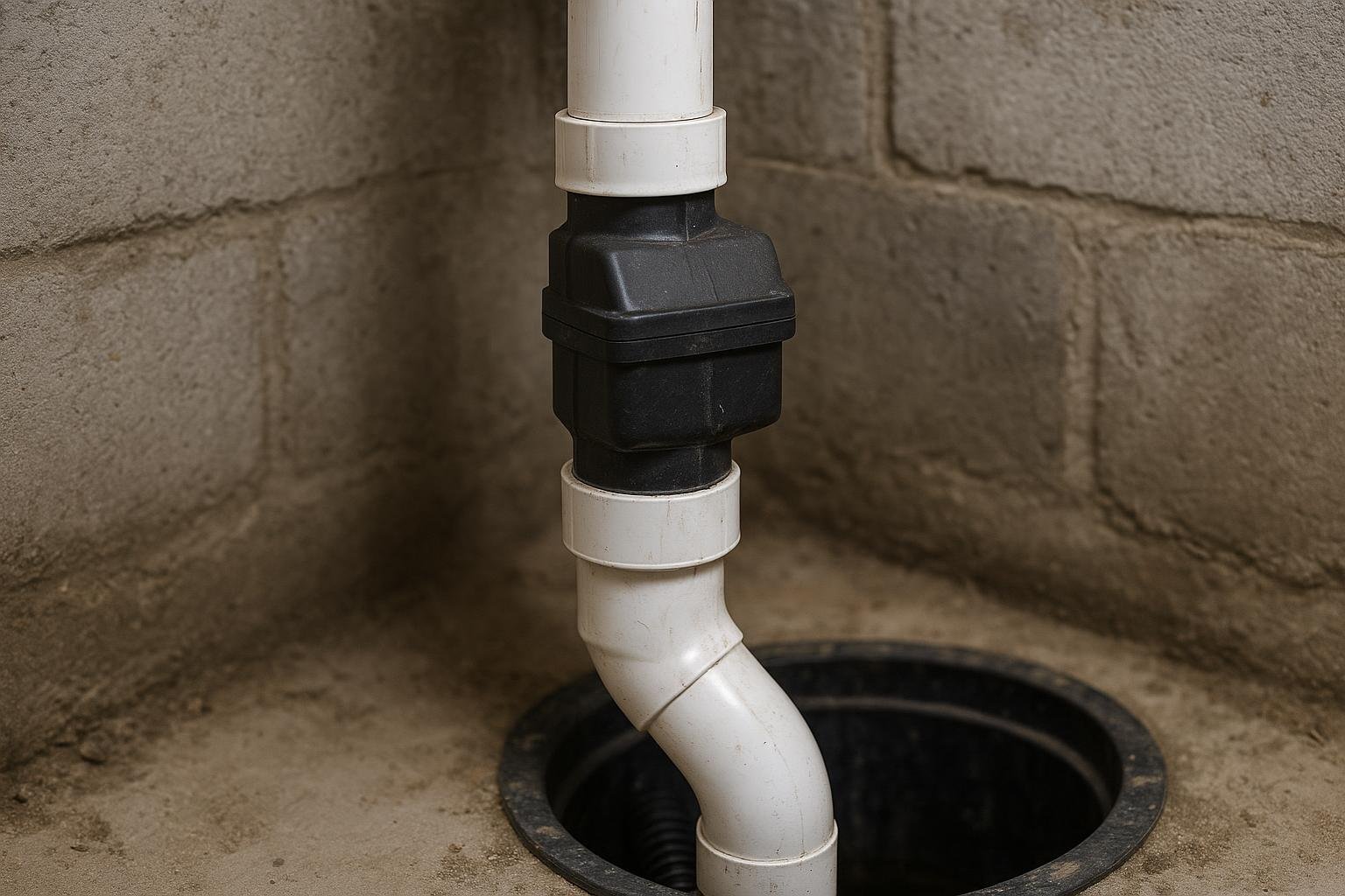 Check valve on PVC sump pump discharge pipe in basement
