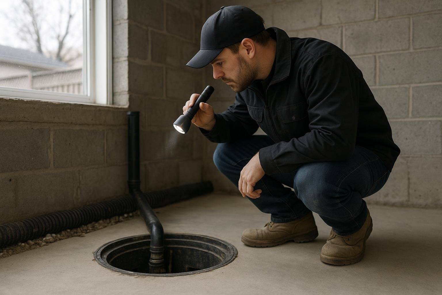 Waterproofing technician inspecting sump pit with flashlight