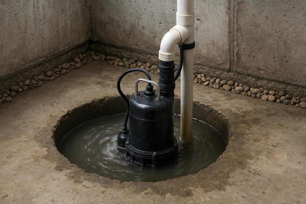Submersible sump pump in a concrete pit with discharge pipe