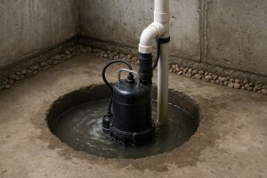 Submersible sump pump in a concrete pit with discharge pipe