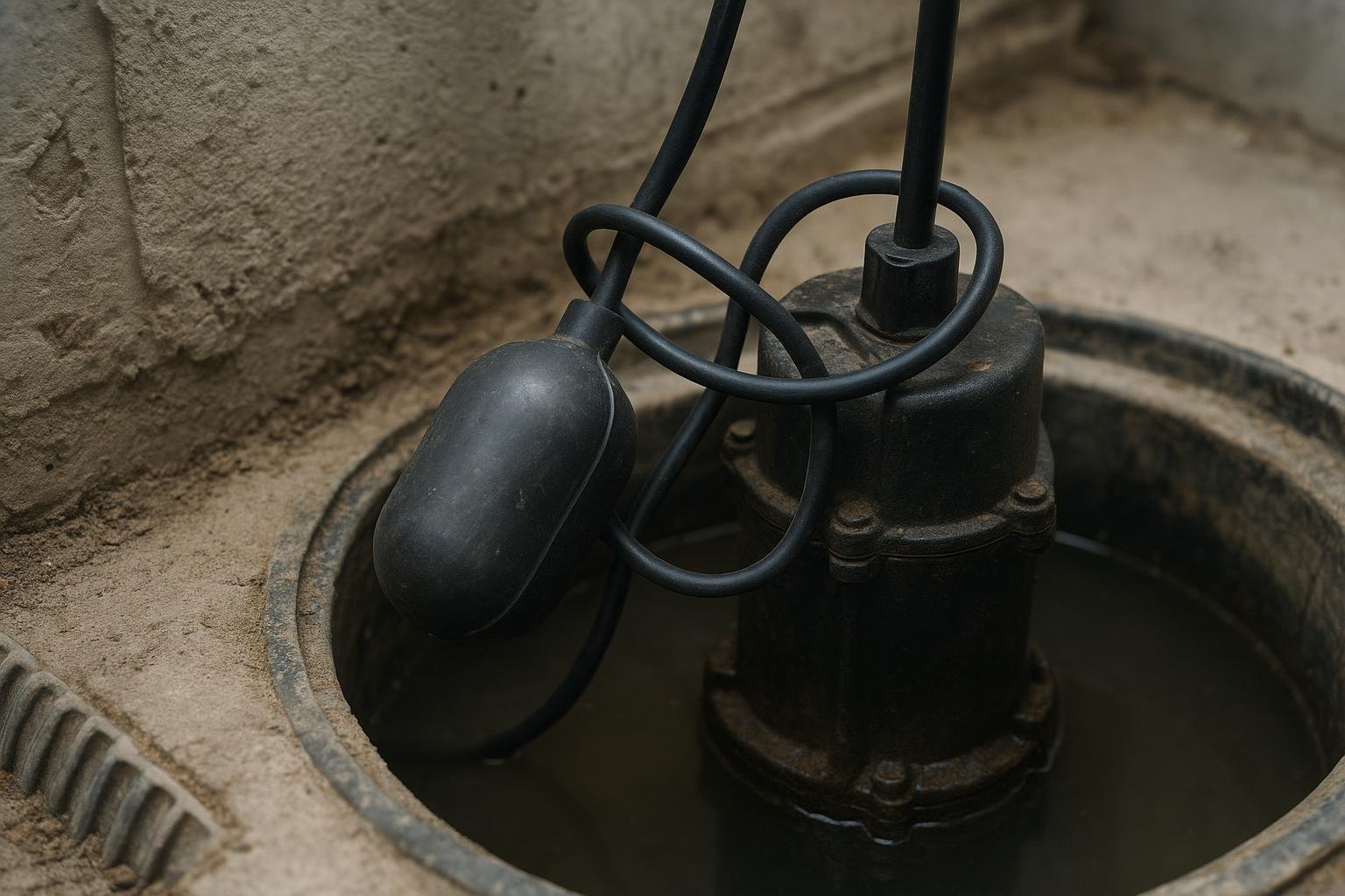 Sump pump float switch tangled against pump body in pit