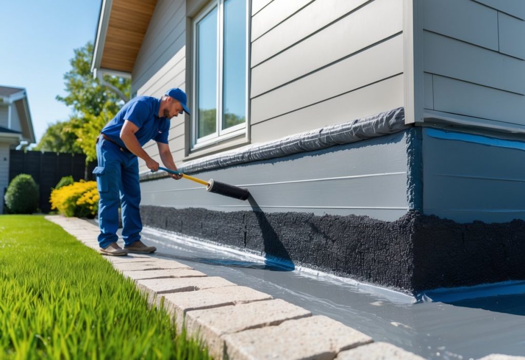 A worker applying waterproof sealant to the foundation wall of a house exterior on a sunny day.