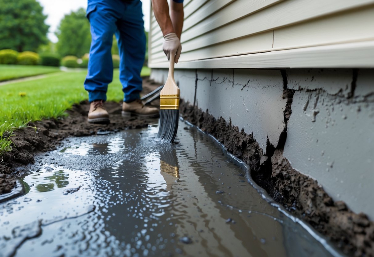 A worker applying waterproofing sealant to a house foundation with visible water damage and cracks, surrounded by damp soil and a green yard.