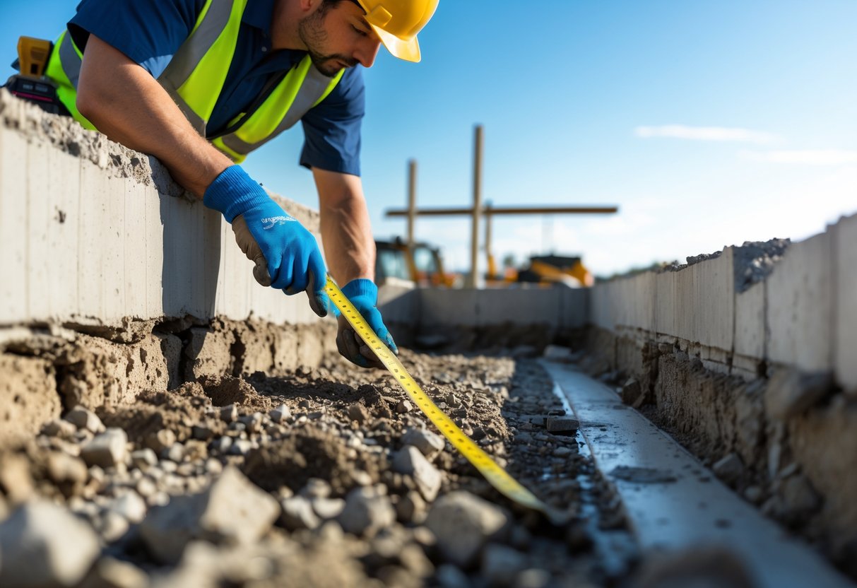 A construction worker inspecting a building foundation outdoors at a construction site.
