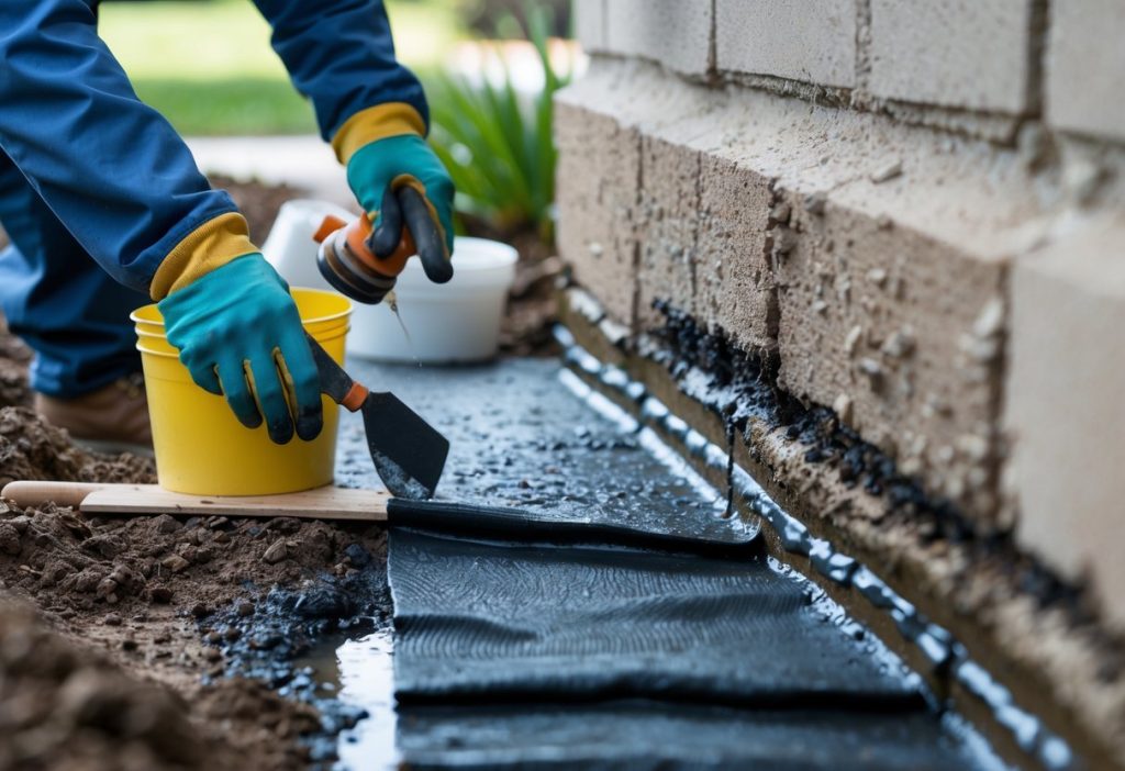 A worker applying waterproofing materials to a foundation wall to prevent water seepage.
