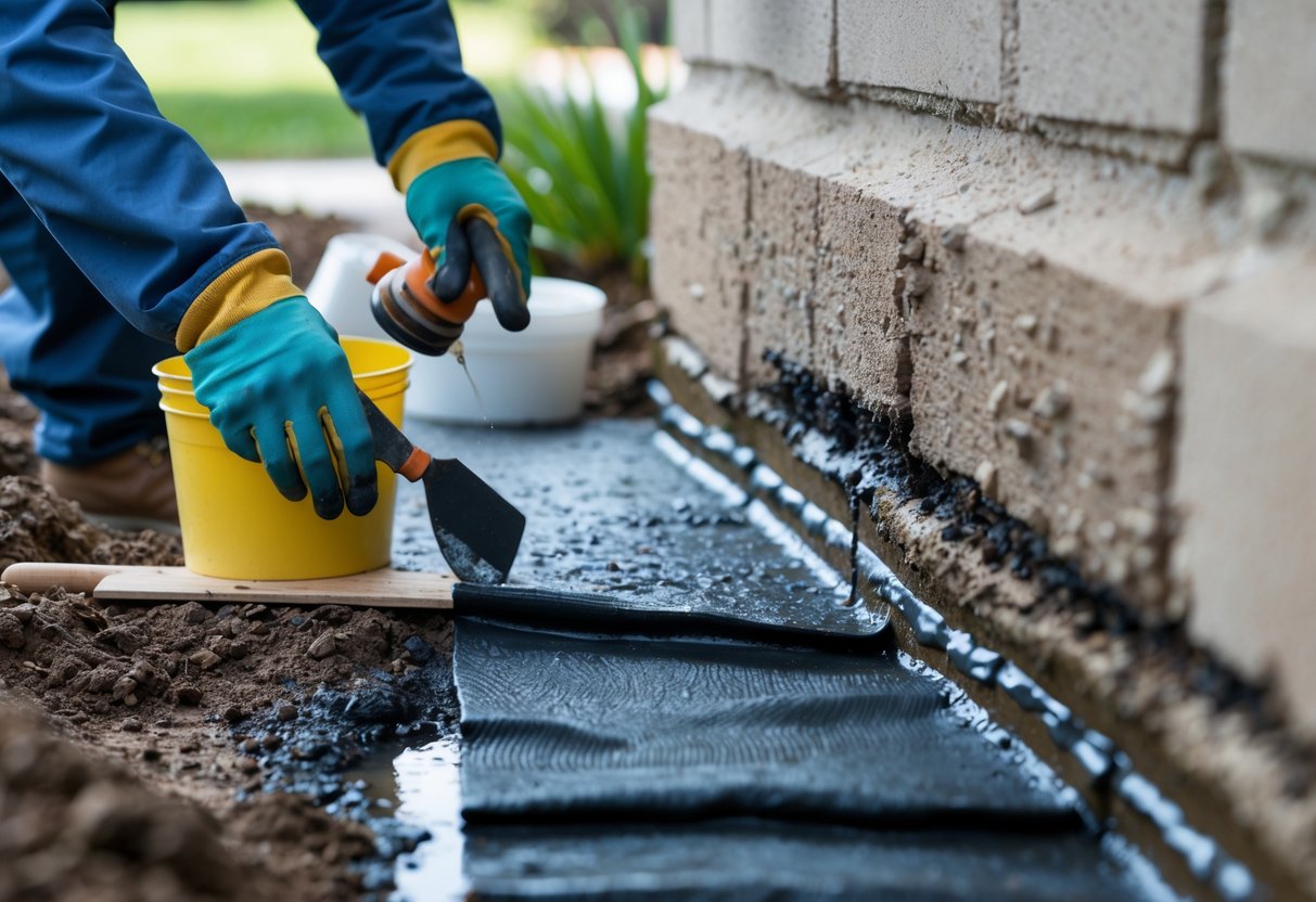 A worker applying waterproofing materials to a foundation wall to prevent water seepage.
