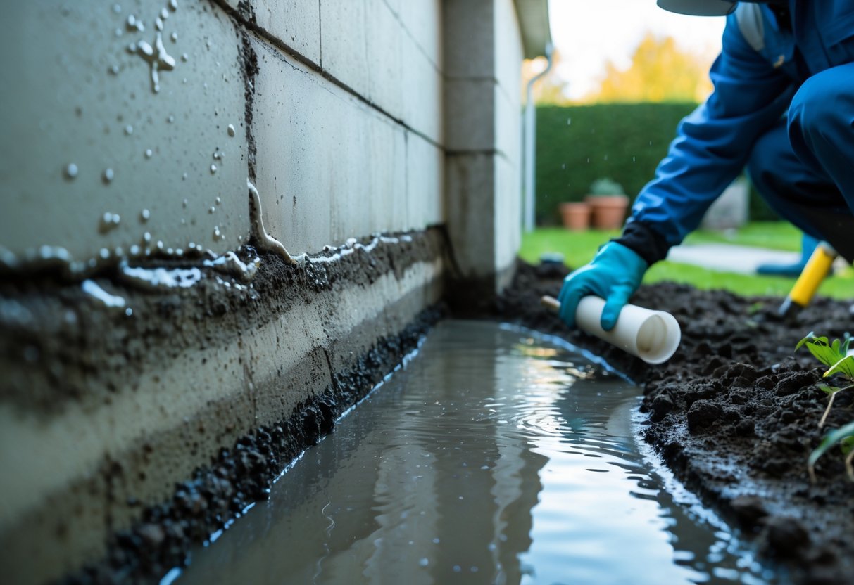 Close-up of a person applying waterproof sealant to a damp foundation wall of a house.