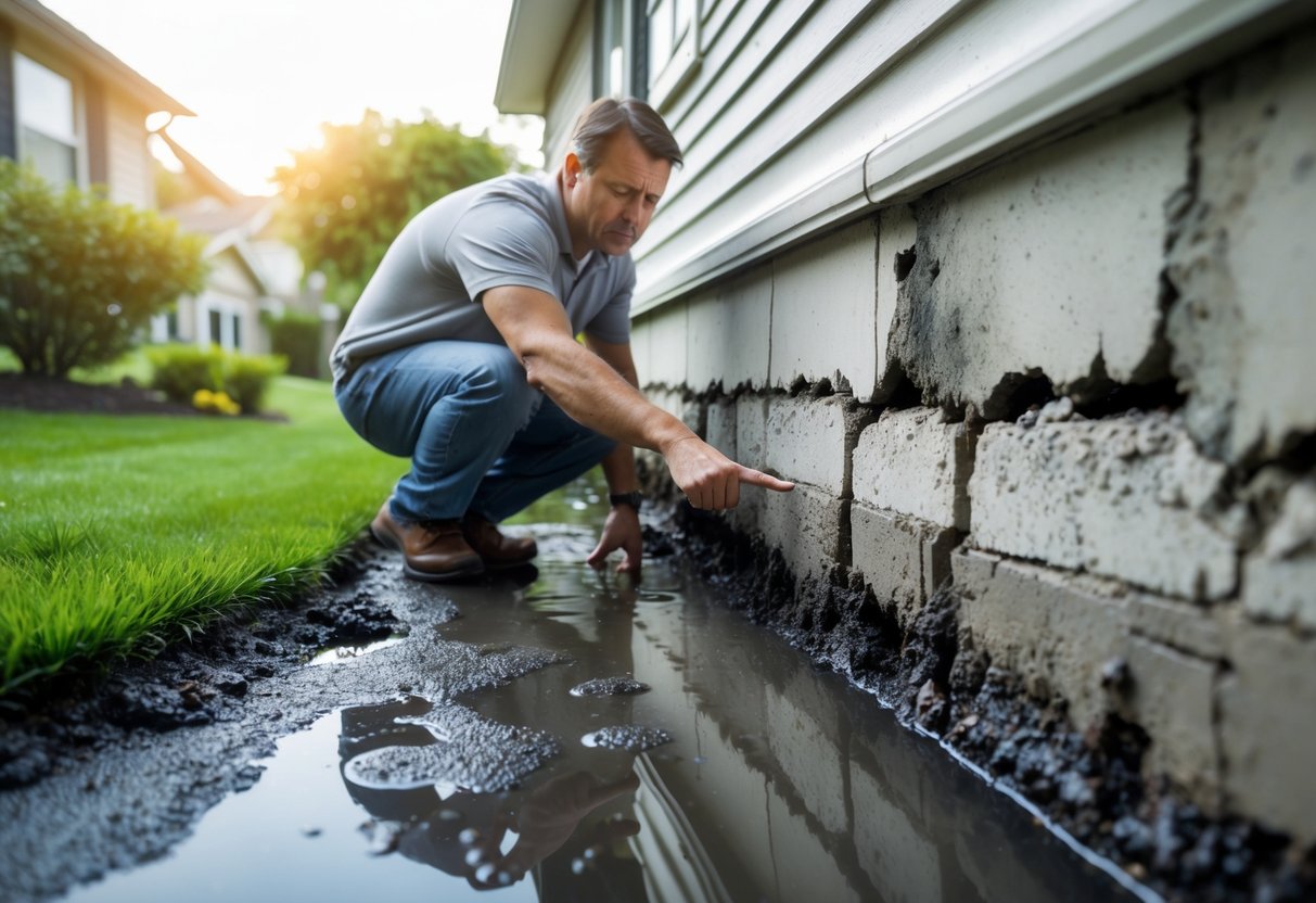 A person inspecting water damage on a house foundation with damp, cracked walls and wet ground nearby.