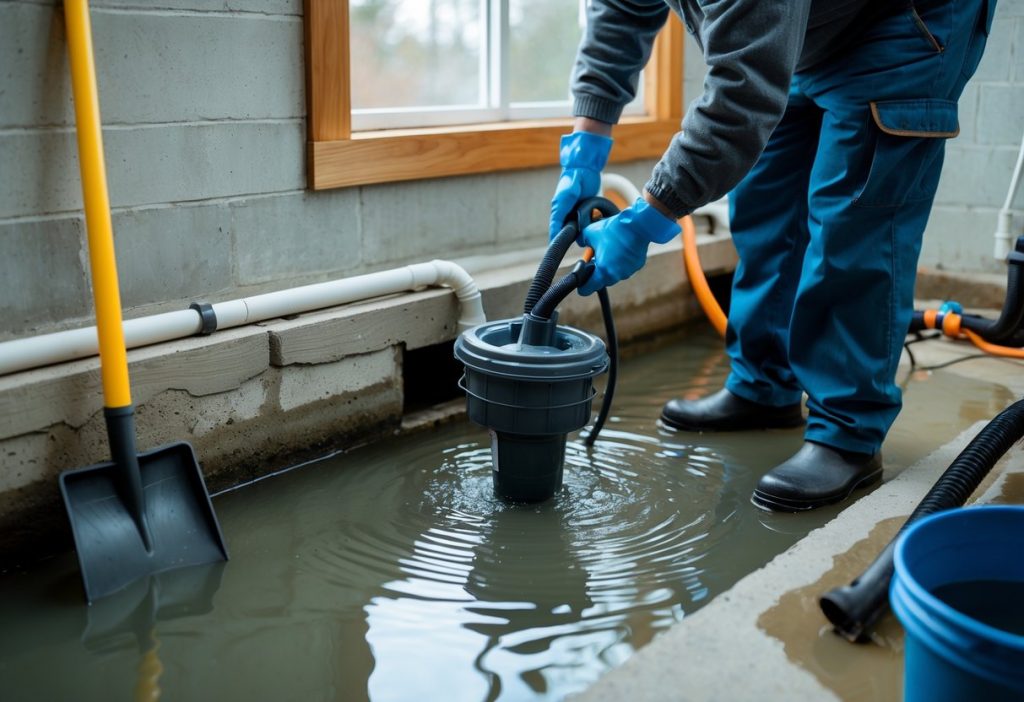 Person removing water from a flooded window well outside a basement window using a pump.