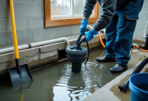 Person removing water from a flooded window well outside a basement window using a pump.