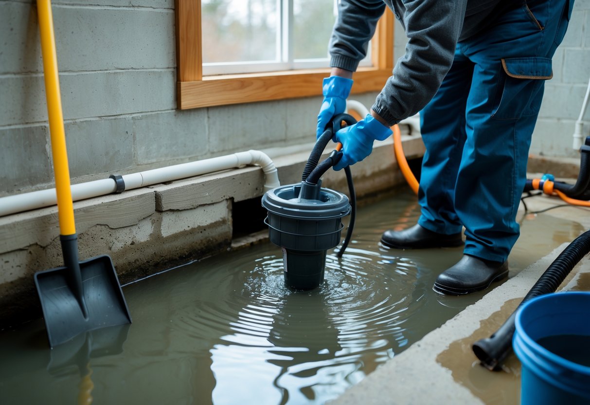 Person removing water from a flooded window well outside a basement window using a pump.