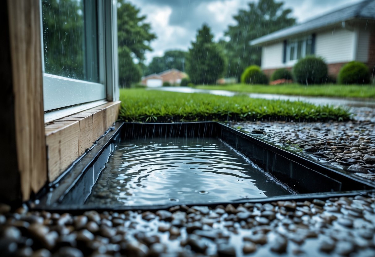 A basement window well outside a house with water pooling around it during heavy rain, showing a drainage system preventing flooding inside.