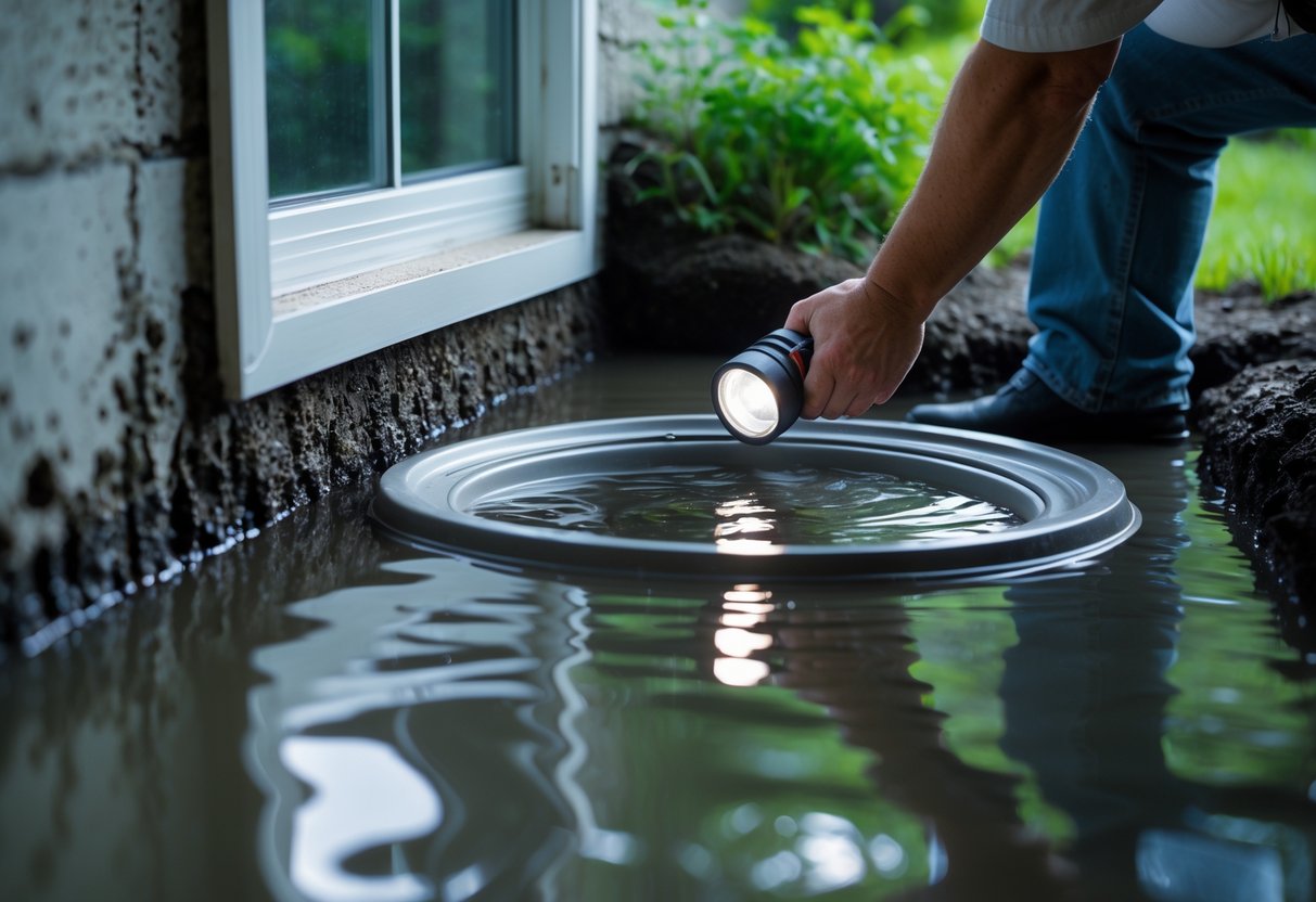 A person inspecting a flooded basement window well with water around the window and damp walls.