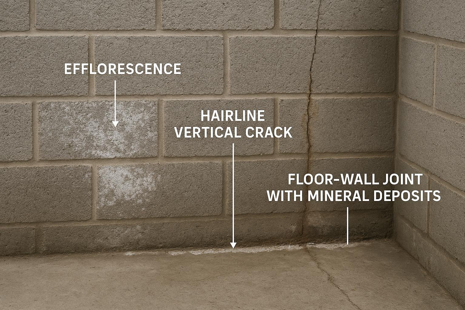 Efflorescence and foundation crack warning signs on a basement wall