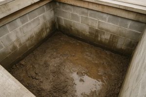 Damp crawl space with wet soil and moisture staining on foundation walls